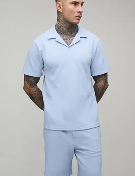 Men's Tall Short Sleeve Jersey Herringbone Regular Polo Shirt & Short Set Light Blue Size Small Light Blue S - boohooMAN - FashionsVida