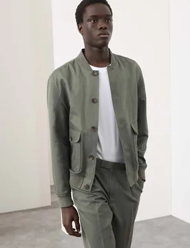 Cotton Linen Blend Bomber Dark Olive male - Autograph - FashionsVida