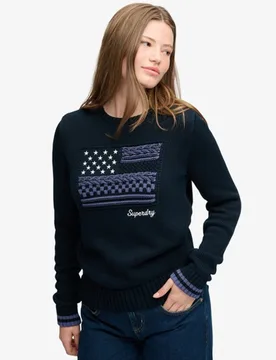 Superdry Damen Statement Cable Flag Strickpullover Lockere Passform Navy - Größe: 42 - 79.99 - FashionsVida