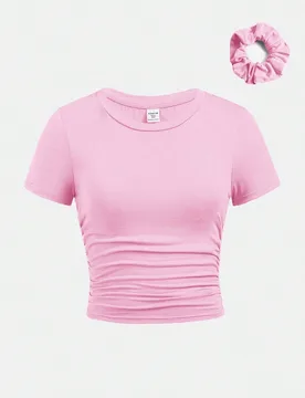 Camiseta de manga corta de cuello redondo ajustada informal con plisado lateral y coletero para niña preadolescente - Shein - FashionsVida