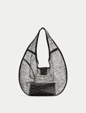 Leopard Print Mesh Moon Shoulder Bag Black Mix female - M&S - FashionsVida