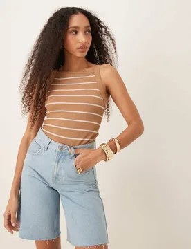 Womens Seamless Sculpting Square Neck Top In Camel Stripe - Multicolour - Size Small - ASOS DESIGN - FashionsVida