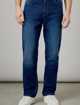 Mens Dark Wash Premium Stretch Straight Fit Jeans - Dark Blue Cotton - Size 34 Regular - Maine - FashionsVida