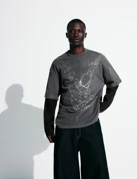 T-Shirt Double Manches Imprimé Spider-Man M Gris - Bershka - FashionsVida