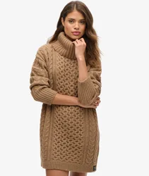Superdry Damen Strickkleid mit Rollkragen und Zopfmuster Braun - Größe: 44