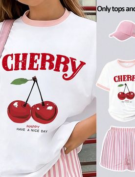 Pcs/Set Conjunto de Cereza Dulce para Adolescentes, Camiseta de Cuello Redondo con Estampado de Cereza Talla Grande con Pantalones Cortos a Rayas, Est