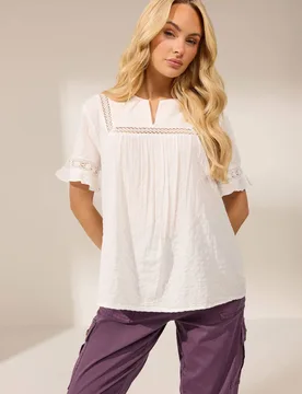 Embroidered Cotton Ruffle Top - White - Size: 16 - M&Co - FashionsVida