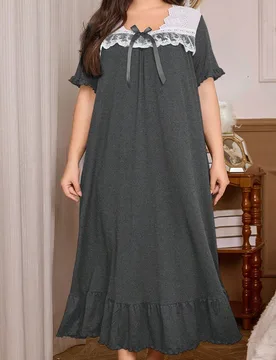 Vestido largo casual de talla grande de seda de leche suave con parches de malla transparente y encaje estilo corte francés vintage, vestido cómodo - Shein - FashionsVida