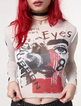Graphic T Shirts For Women Gothic Clothes Printing Crop Top Long Sleeve Ropa De Mujer Gauze See Through Y2k Accessories Slim Fit - Aliexpress - FashionsVida