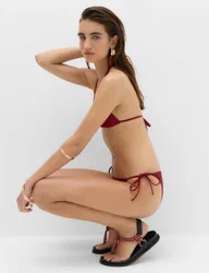Metallic Sheen Tie Side Bikini Bottoms Dark Red female