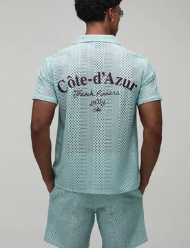 Men's Embroidered Crochet French Riviera Regular Shirt & Relaxed Short Set Duck Egg Size Medium Duck Egg M - boohooMAN - FashionsVida