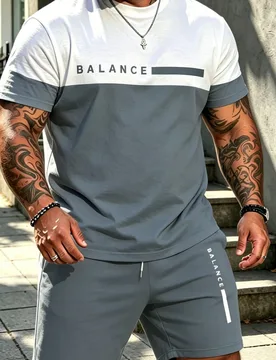 Piezas Conjunto de verano para hombre talla grande, Gris y Blanco con contraste de color + Parte superior e inferior con estampado minimalista de eslo - Shein - FashionsVida