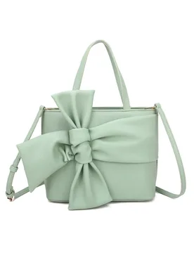 Women's Ila Big Bow Ribbon PU Leather Top Handle Crossbody Tote Bag in Light Green - Light Green - Size: One Size - Fontanella Fashion - FashionsVida