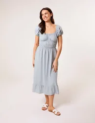 Puff Sleeve Shirred Panel Dress - M / BLUE - female