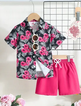 Set de 2 piezas de camisa de manga corta con estampado de hojas + pantalones cortos para niños pequeños, estilo casual escolar para uso al aire libr - Shein - FashionsVida