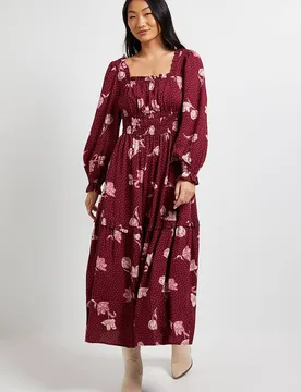 Women's Petite Berry Floral Square Neck Blouson Sleeve Tiered Maxi Dress Size: 8 - Berry - Size: 8 - Dorothy perkins - FashionsVida