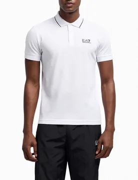 Polo bianca in piquet di cotone stretch con bordino in contrasto - EA7 - FashionsVida