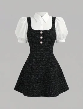 Vestido corto de manga corta con parches de cuadros elegante para niñas, adecuado para usar en la escuela, fiestas de cumpleaños, fiestas de noche, - Shein - FashionsVida