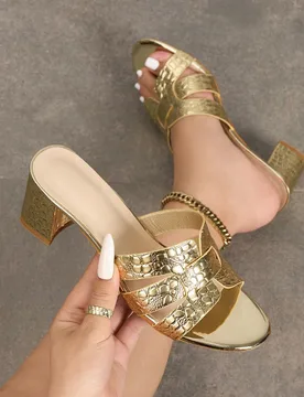 Sandalias de cuña con puntera redonda única, estampado de cocodrilo dorado y cómodo slip-on para mujer, para primavera/verano - Shein - FashionsVida