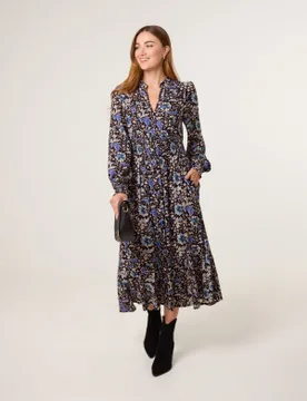 Paisley Shirred Waist Shirt Dress - S / BLACK PATTERN - female - Blue Vanilla - FashionsVida
