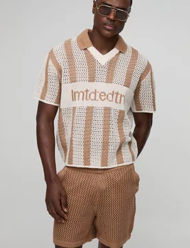 Men's Regular Fit Open Stitch Stripe Football V Neck Knitted Short Set Taupe Size Small Taupe S - boohooMAN - FashionsVida
