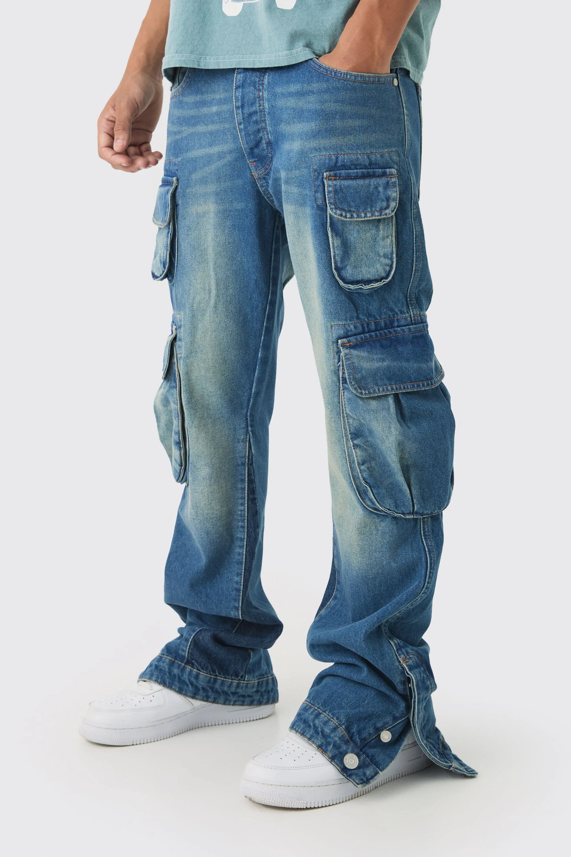 Mens Slim Flared Cargo Gusset Jeans - Light Blue Cotton - Size 34 Regular - boohooMAN - FashionsVida