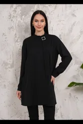 Women's Relaxed Fit Long Sleeves Brooch Detailed Tunic in Black Size: 16-18 - Black - Size: 16-18