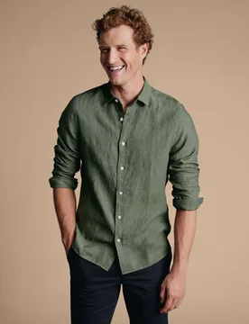 Slim Fit Pure Linen Shirt Olive male - Charles Tyrwhitt - FashionsVida