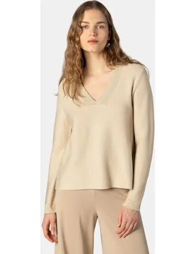 Jersey de mujer de punto bobo con lamé dorado en escote y puños - Naulover - FashionsVida
