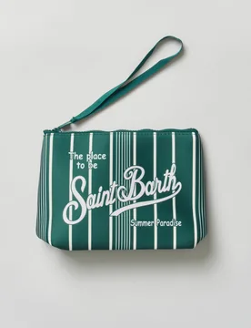 Pochette Aline verde a righe bianche in neoprene con logo in contrasto - MC2 SAINT BARTH - FashionsVida