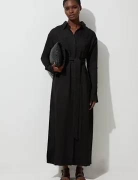 Viscose Linen Woven Belted Shirt Dress - Black - Size: 10 - Karen millen - FashionsVida