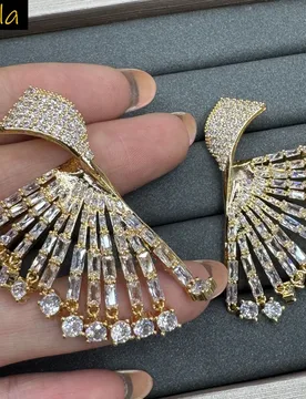 Luxury jewelry earrings gold silver color sparkly zirconia wedding dinner party sparkly jewelry fan shaped earrings female gift - Aliexpress - FashionsVida