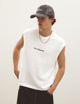 T-Shirt Sans Manches Brodé Xs Blanc Cassé