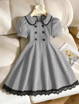 Vestido para niñas con cuello, diseño a cuadros con mangas cortas abullonadas, ribete de color contrastante - Shein - FashionsVida