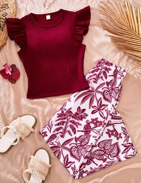 Pcs/Set Conjunto de Top de Manga Volante con Cuello Redondo y Textura de Punto y Pantalones Rectos Estampados para Niñas Preadolescentes, Estilo Casu