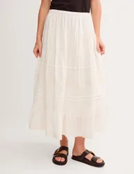 Pure Cotton Lace Trim Maxi Tiered Skirt White female