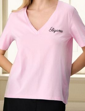 T-shirt in cotone con scollo a V - rosa pastello