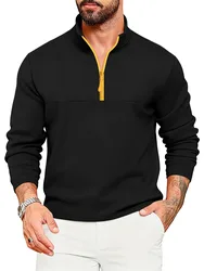 New Patchwork Autumn winter fabric men's casual long sleeve solid color half zip stand collar T-shirt top men's pullover ﻿