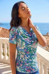 Floral Print Cowl Neck Stretch Top - Navy - Size: 14