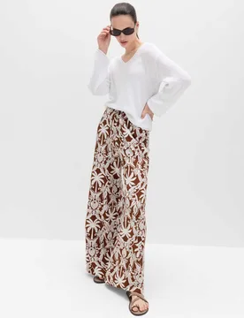 Printed Pull On Wide Leg Trousers Brown Mix female - M&S - FashionsVida