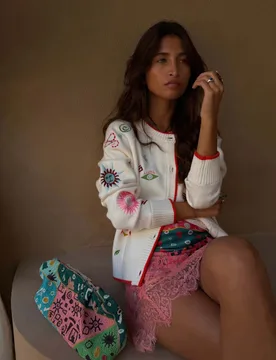 Embroidered Crew Neck Cardigan Cream Mix female - Never Fully Dressed - FashionsVida