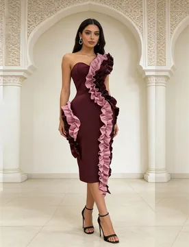 Burgundy Pink Prom Dress Sexy One Shoulder Sleeveless Ruffles Midi Sheath Party Gown Formal Wedding Birthday Evening Robe - Aliexpress - FashionsVida