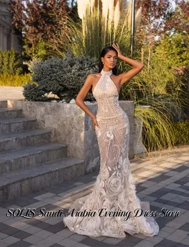 SOLIS Beige Evening Dress Halter Neck Prom Dresses Sexy Open Back Party Formal Gown with Pearls robe de bal for Woman Customized - Aliexpress - FashionsVida