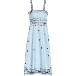 Vestido largo de lino con bordados, escote cuadrado y recortes