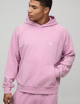Herren Oversized Boxy Herren Strass Gewaschener Raglan Hoodie Sweatshirt Pink Größe Large