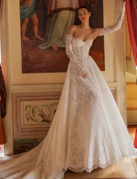 Mophiel Lace Wedding Dresses Strapless Detachable Sleeve A Line Bride Dress Sweep Train Bridal Gown Vestido De Novia Customized - Aliexpress - FashionsVida