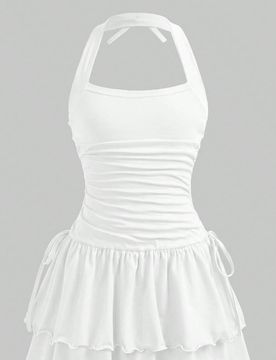 Vestido de verano para niñas preadolescentes con cuello halter, cintura fruncida y bajo con volantes escalonados, adecuado para uso diario, elegante,