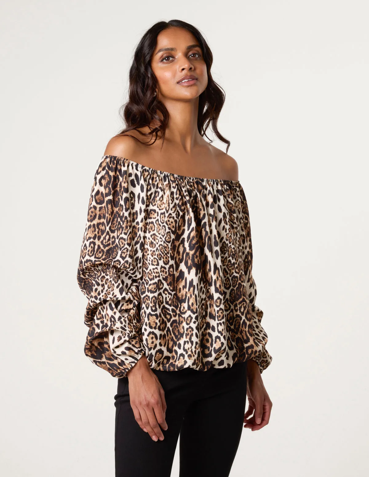 Leopard Print Bardot Rouched Sleeve Top - S/M / ANIMAL - female - Blue Vanilla - FashionsVida