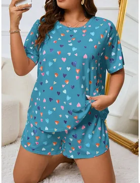 Conjunto de pijama de camiseta de manga corta y pantalón corto con estampado de corazón, cómodo y de talla grande para el verano - Shein - FashionsVida