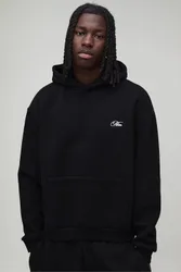 Herren Übergroßer Kastenförmiger Kapuzenpullover Mit MAN-Schriftzug-Stickerei Black Größe XS